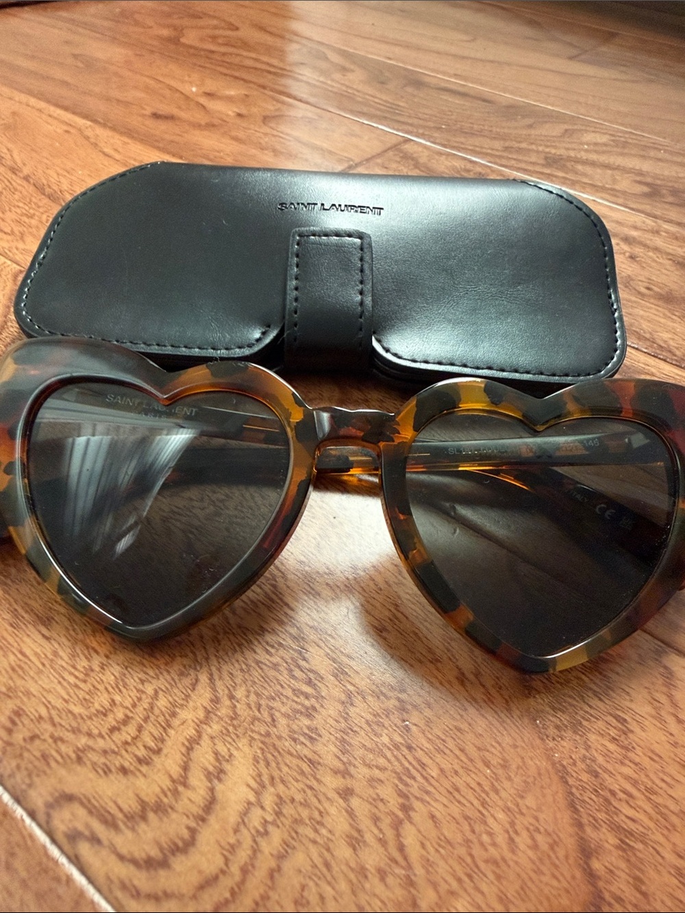 Saint Laurent Tortoiseshell Heart Sunglasses with Black Lenses